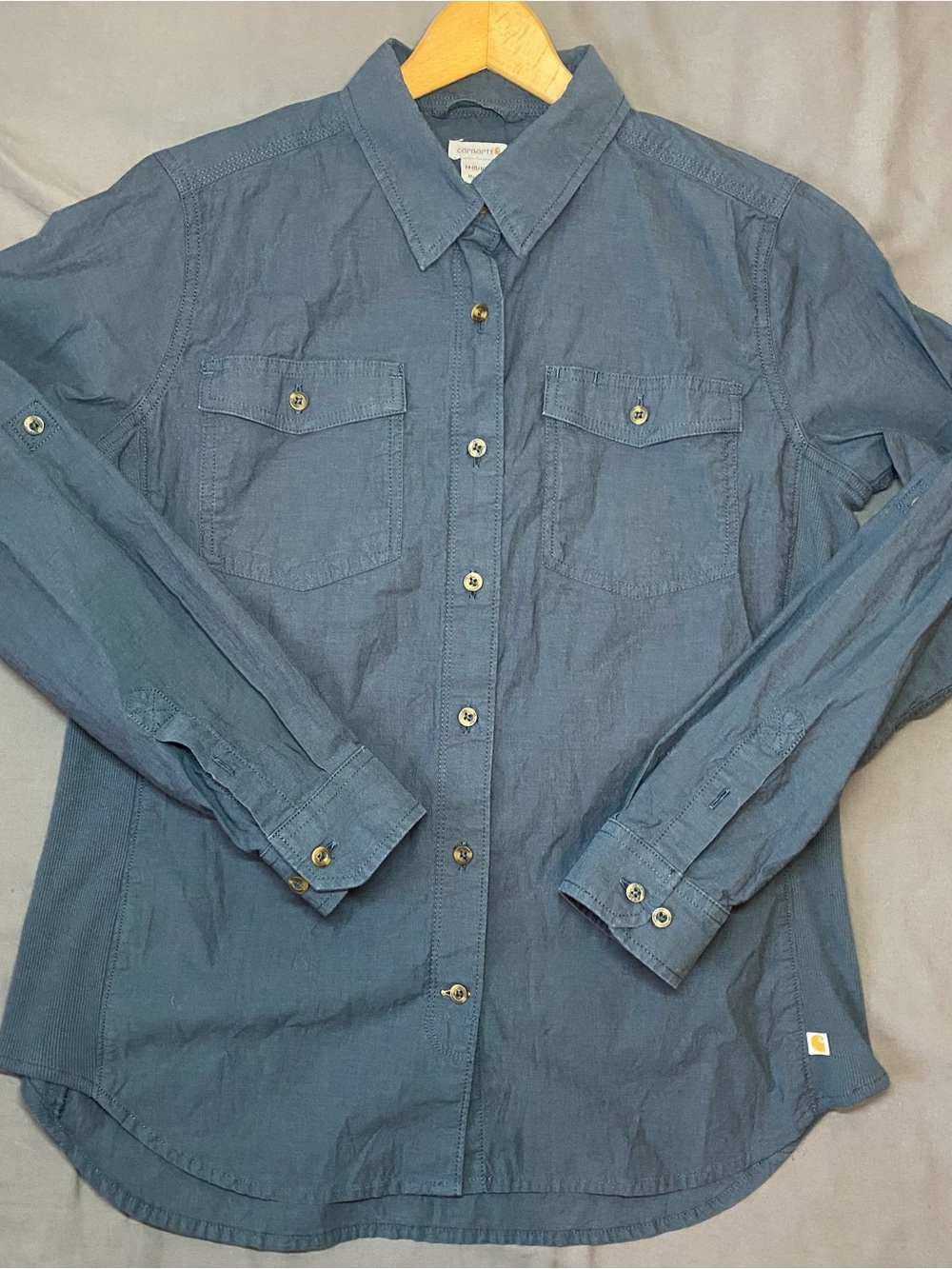 Carhartt Button Up Shirt Women’s M Blue Workwear Utility Long Sleeve Ribbed